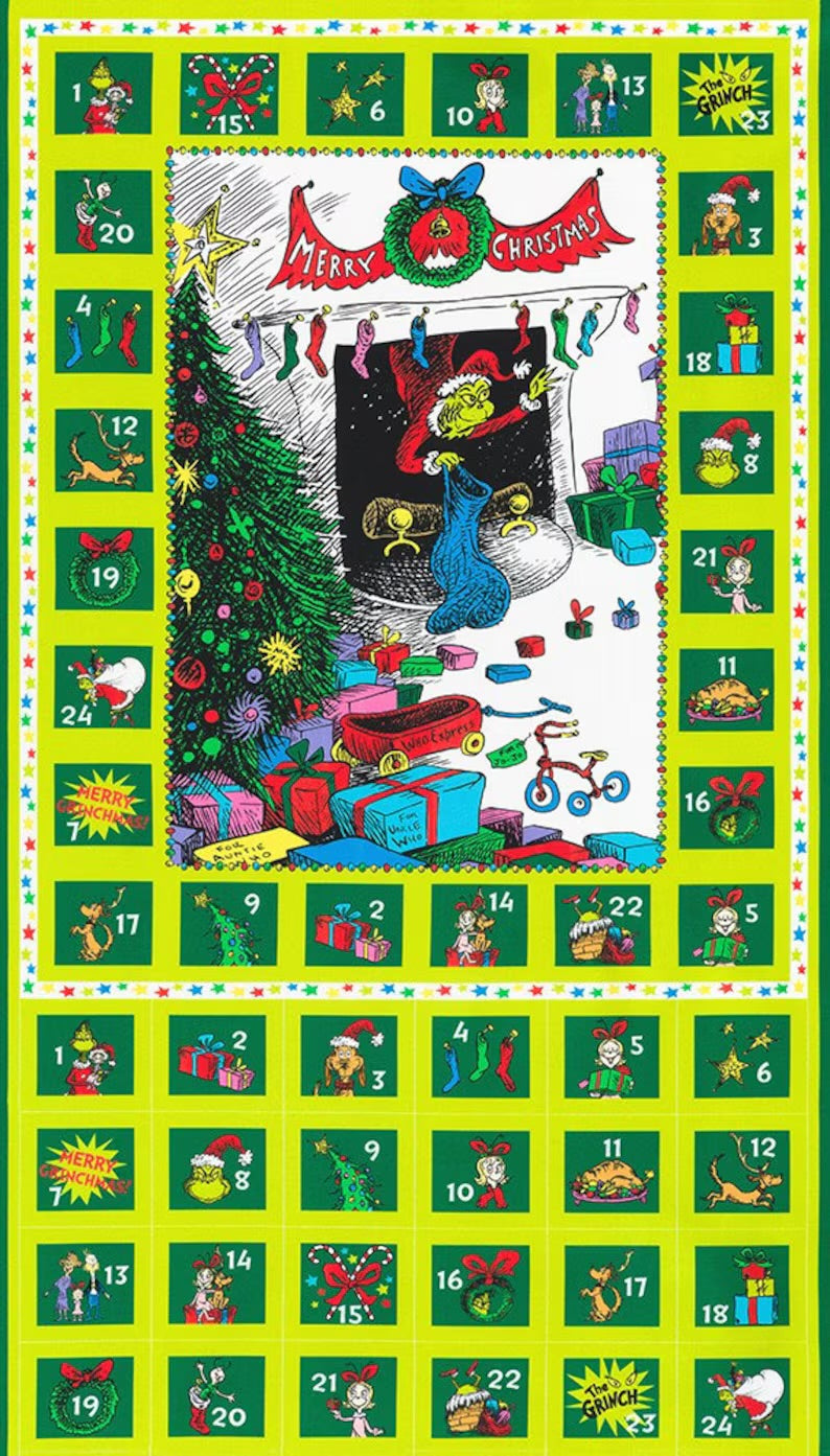 Panel - Lime Green Grinch Advent Calendar Panel from How The Grinch Stole Christmas by Dr. Seuss - Approx 2/3 Yard - 100% Cotton